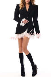 Cue The Chic Lace Trim Button Long Sleeve Lapel Blazer Mini Dress
