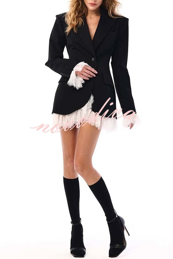 Cue The Chic Lace Trim Button Long Sleeve Lapel Blazer Mini Dress