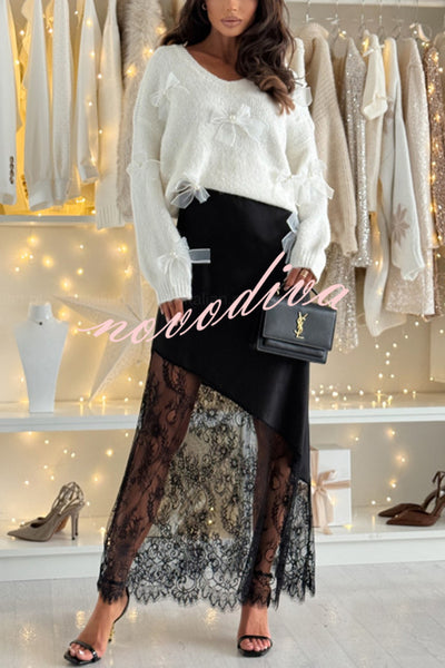 Gentle Winter Satin Lace Patchwork High Rise Elastic Waist Maxi Skirt