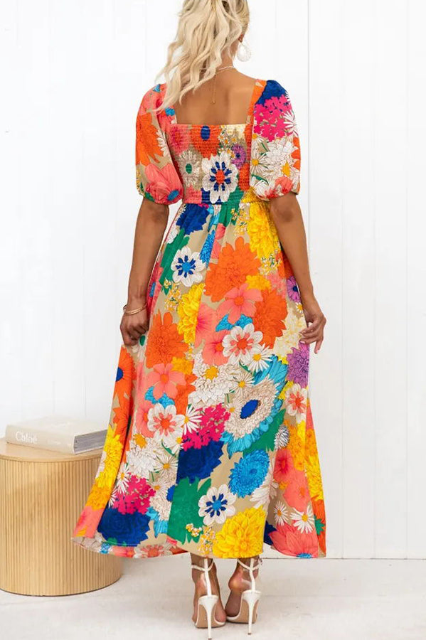 Floral Frenzy Printed Puff Sleeve Back Smocked Maxi Dress