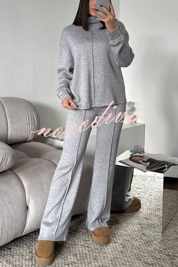 Solid Color Casual Knitted High Neck Long Sleeve Top and Elastic Waist Loose Pants Set