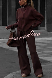 Effortlessly Stylish Ribbed Zipper High Neck Sweatshirt and Elastic Waist Pocketed Loose Pants Set