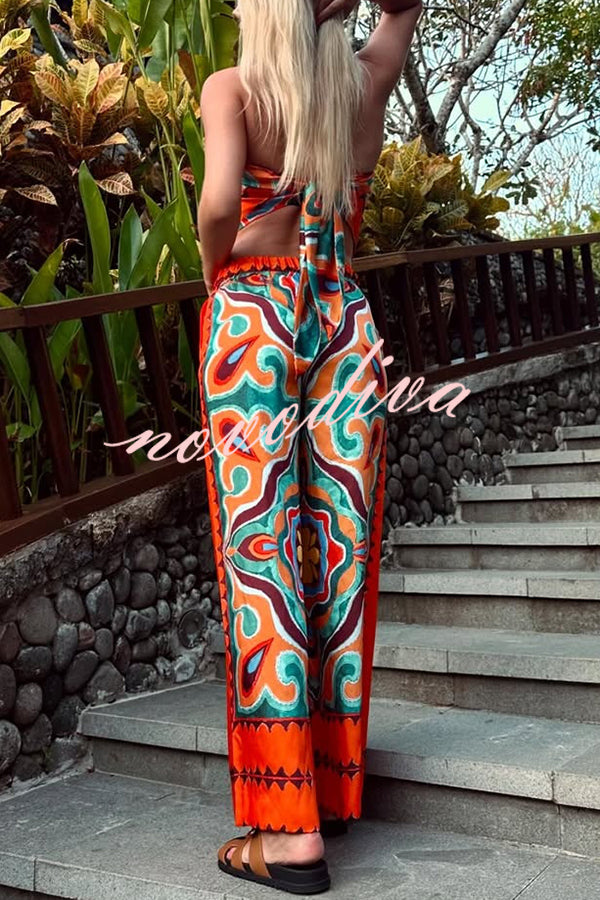 Ethnic Style Unique Print Tube Top and Elastic Waist Casual Pocket Wide Leg Pants Set