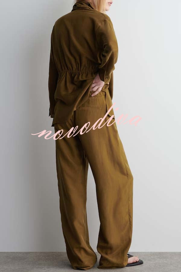 Bella Satin Drape Collar Single Button Casual Blazer and Elastic Waist Pocket Loose Pants Set