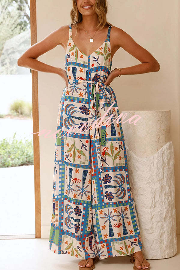 Unique Beach Vacation Print V-neck Suspenders Casual Wide-leg Jumpsuit