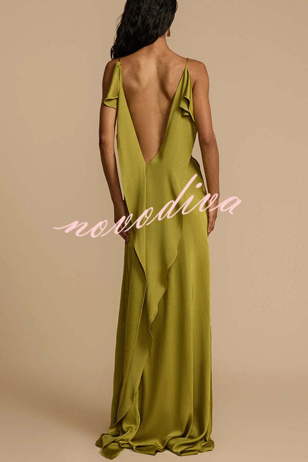 Evening Date Satin Cowl Neck Drape Ruffle Backless Bias Cut Party Maxi Dress