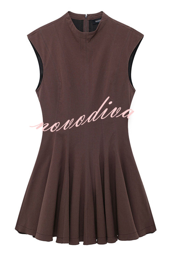 Solid Color Round Neck Sleeveless Waist Mini Dress