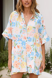 Floral Print Lapel Half Sleeve Tie Waist Loose Rompers