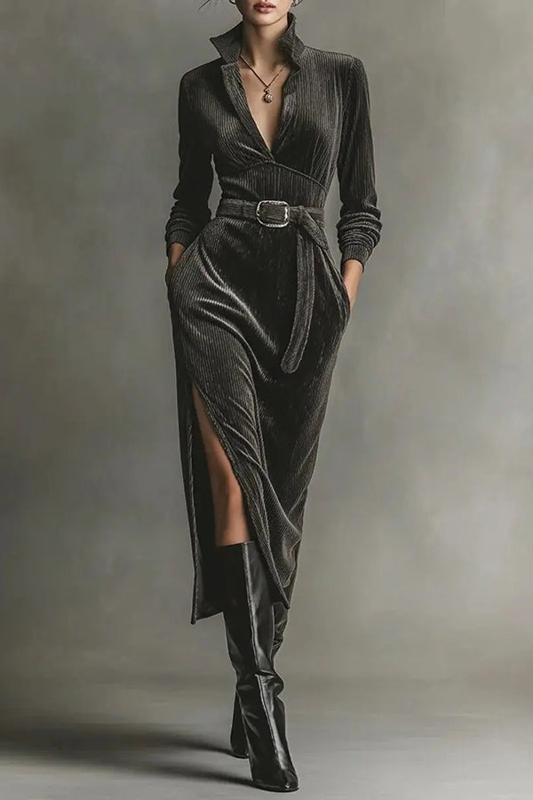 Solid Color Long-sleeved High-waisted Belted Casual Pocket Midi Dress