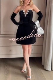 Ines Luxurious Velvet Jewel-encrusted Sweetheart Off Shoulder Neck Tulip Stretch Mini Dress
