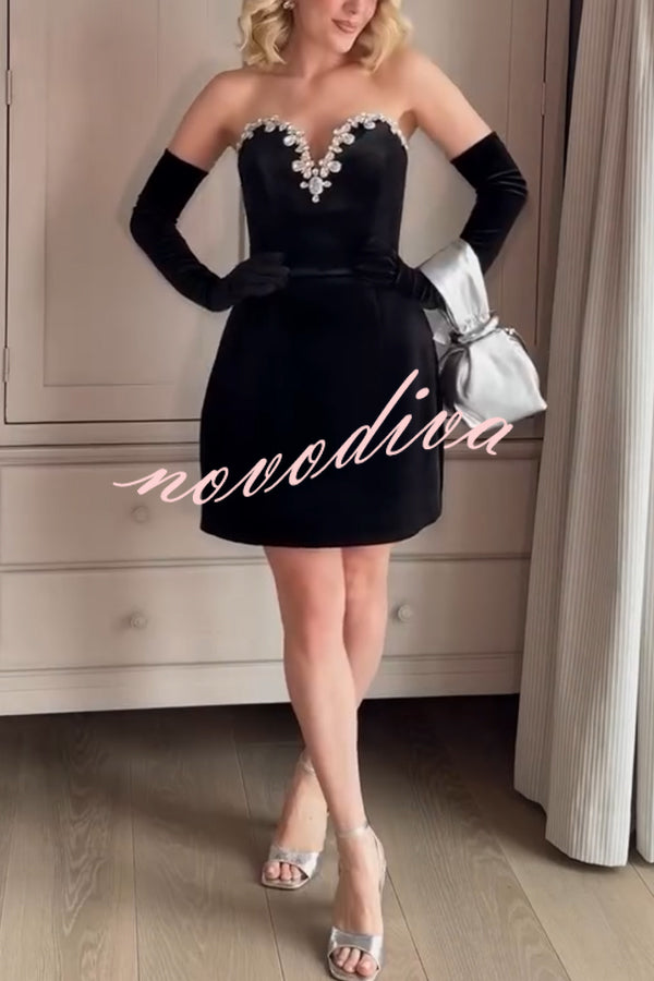Ines Luxurious Velvet Jewel-encrusted Sweetheart Off Shoulder Neck Tulip Stretch Mini Dress