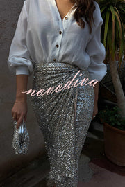 Disco Dancing Queen Sequin Wrap Tie-up Slit Midi Skirt