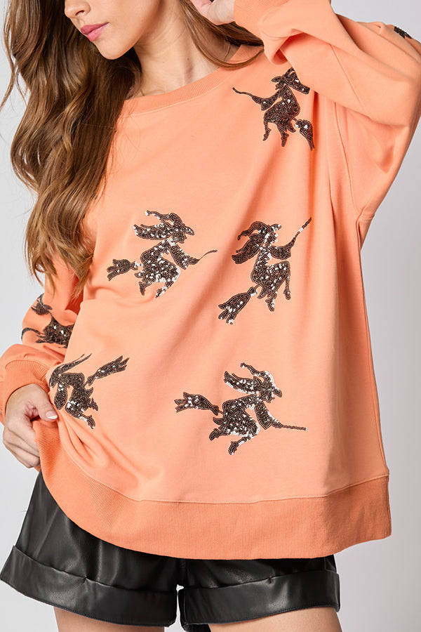 Halloween Witch Sequined Loose Casual Sweatshirt