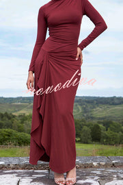 Venus Long Sleeve Ruched Side Slit Drape Ruffles Back Lace-up Stretch Maxi Dress