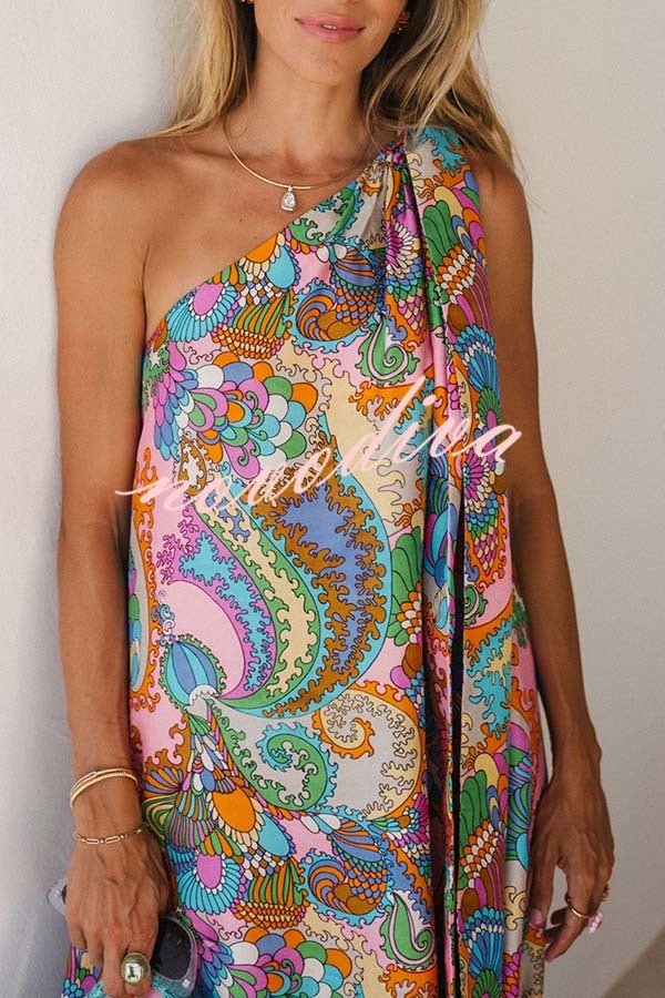 Rainbow Breeze Satin Unique Print Bow One Shoulder Loose Maxi Dress