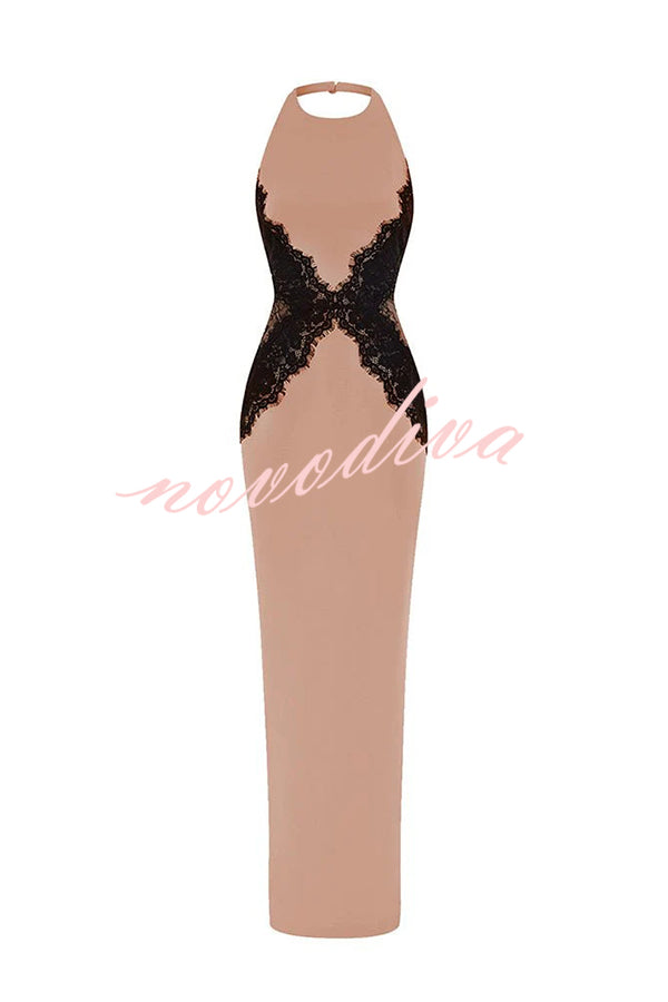 Sexy Halterneck Lace Paneled Backless Slim Maxi Dress