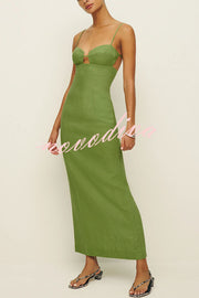 Sharyn Linen Blend Bodice Cutout Back Tie-up Slit Slip Maxi Dress