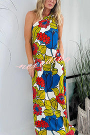 Floral Unique Printed One Shoulder Pocketed Loose Maxi Dress