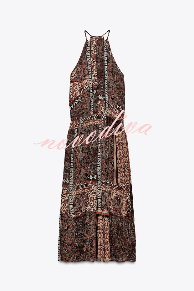 Ethnic Boho Colorblock Print Elastic Waist Resort Style Maxi Dress