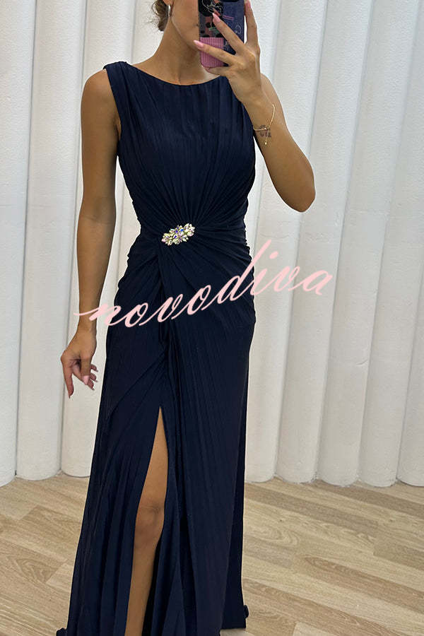 Pretty Special Pleated Embellished Slit Evening Maxi Dress