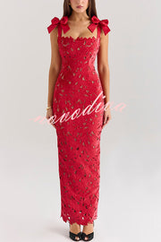 Holiday Intimacy Embroidered Floral Lace Bow Shoulder Straps Slit Maxi Dress