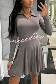 Solid Color Lapel Long Sleeve Slim Fit Waist Mini Dress