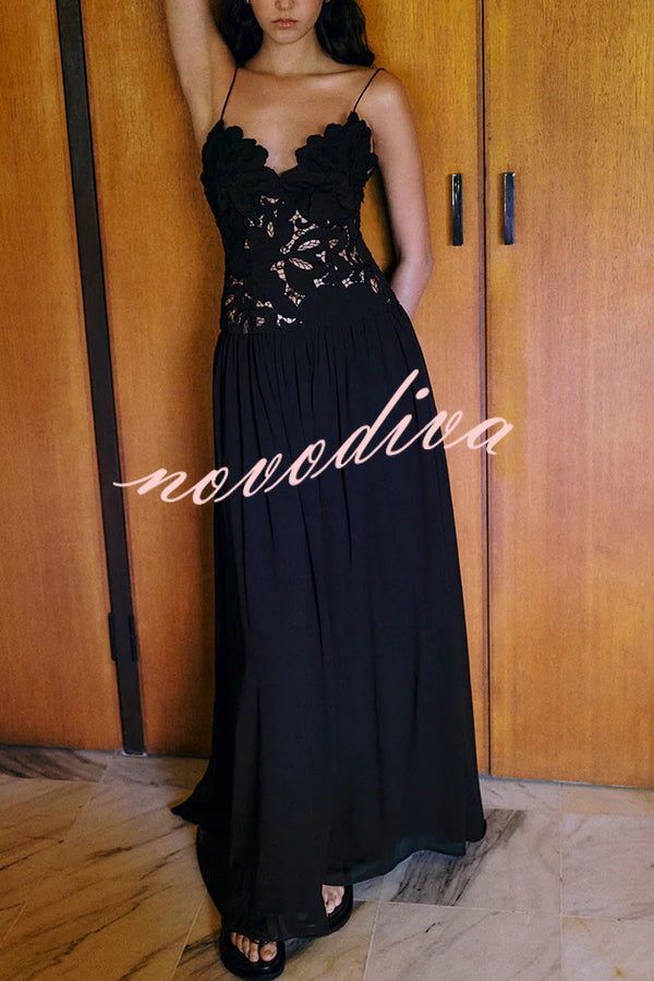 Stephanie Flower Crochet Lace Bust Chiffon Fluffy Hem Maxi Dress