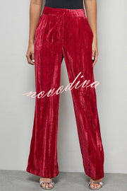 Solid Color Velvet Long-sleeved Waist Tie Top and Elastic Waist Casual Pocket Straight-leg Pants Set