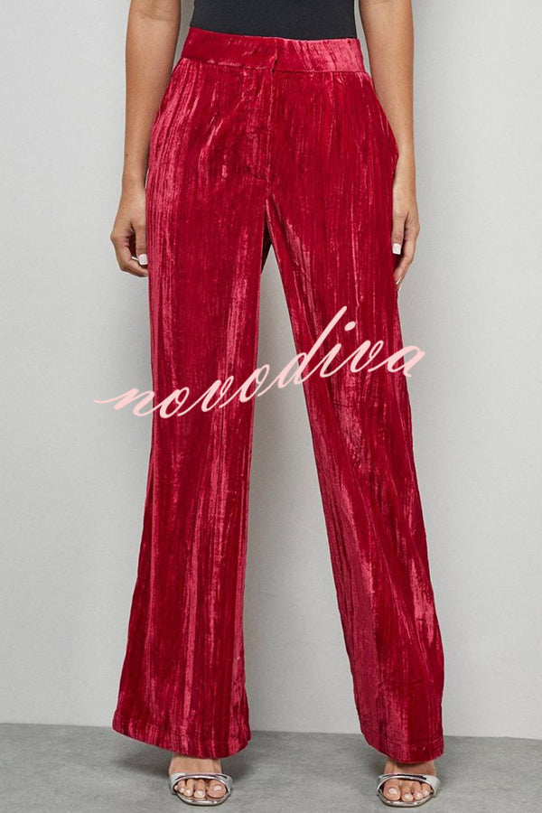 Solid Color Velvet Long-sleeved Waist Tie Top and Elastic Waist Casual Pocket Straight-leg Pants Set