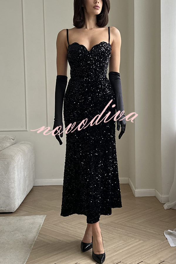 Yulissa Velvet Sequin Petal Sweetheart Neck Slip Stretch Maxi Dress