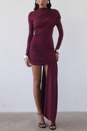Solid Color Long-sleeved Pleated Slim-fit Elegant Ribbon Mini Dress