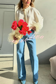 Solid Color Elegant Feather Long Sleeve Casual Knitted Cardigan