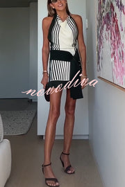 Summer Event⁠ Striped Beads Cowl Neck Backless Tie-up Mini Dress