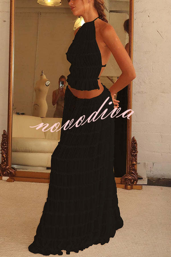 Versatility and Vintage Charm Pleated Drawstring Waist Tiered Maxi Skirt