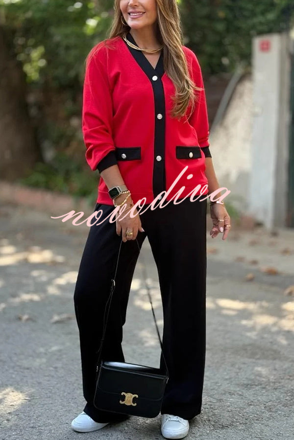 Stylish Color-blocked V-neck Knitted Button-down Cardigan and Elastic Waist Casual Wide-leg Pants Set