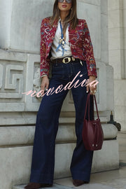 Vintage Bohemian Printed Chinese Style Buttons Long Sleeve Crop Jacket