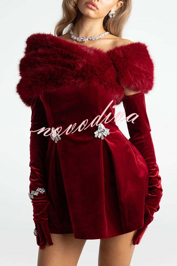Stylish Velvet Off-shoulder Fitted Mini Dress and Fluffy Shawl, Velvet Gloves Three-piece Set