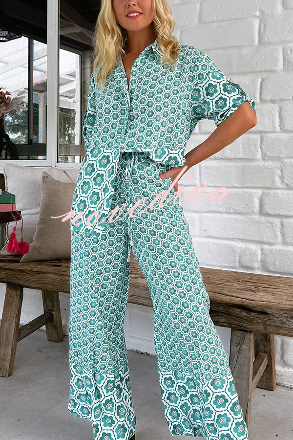 Floral Print Loose Short Sleeve Shirt and Elastic Waist Wide Leg Pants Set