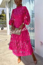 Romantic, Sensual and Elegant Crochet Lace Lantern Sleeve Party Midi Dress