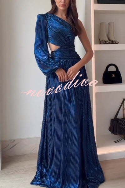 Dazzling Night Metallic Pleated One Shoulder Cutout Balloon Sleeve Gown Maxi Dress