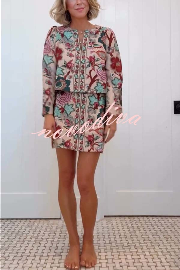 Autumn Garden Printed V-neck Long Bell Sleeve Top and Mid Rise Skirt Set