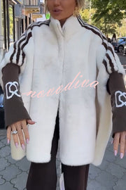 Fashion Sports Stripe Print and Ribbed Embroidered Long Sleeve Zipper Stand Nack Pocket Plush Coat