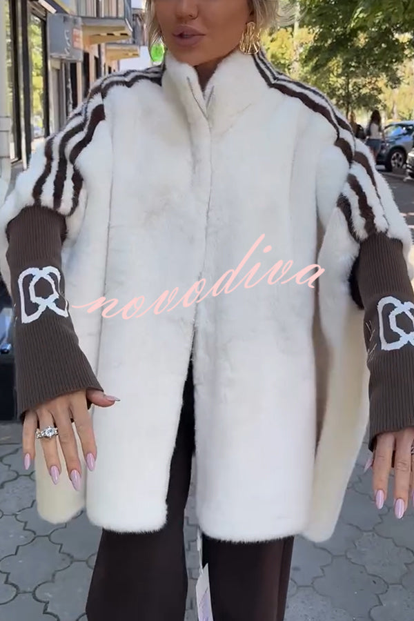 Fashion Sports Stripe Print and Ribbed Embroidered Long Sleeve Zipper Stand Nack Pocket Plush Coat