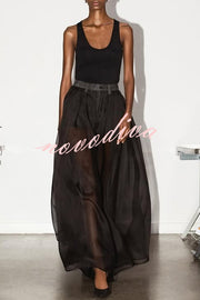 Avant-garde Fashion Denim Flowing Organza Patchwork Pocketed Wide Leg Jeans