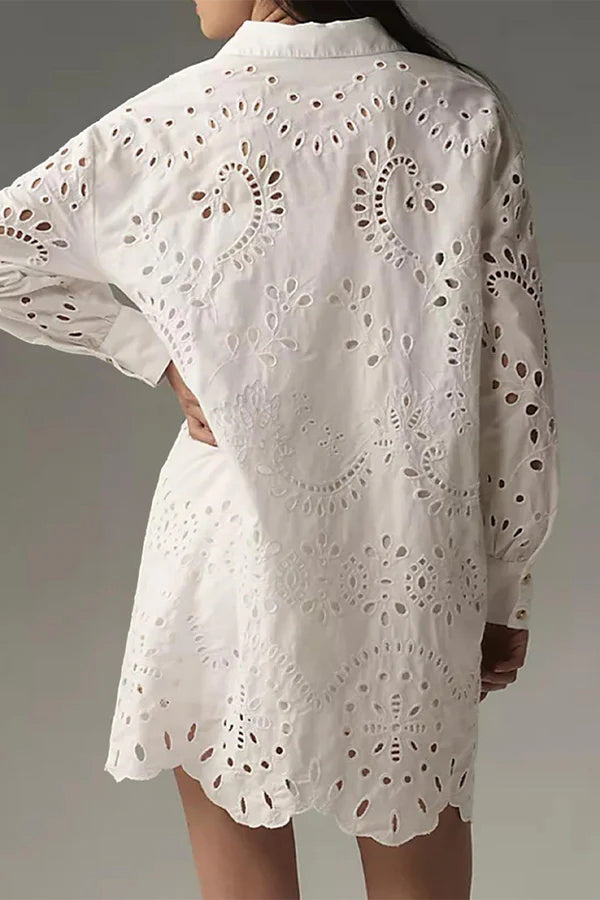 Solid Color Hollow Embroidery Casual Long Sleeve Loose Shirt