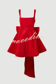 Red Drama Taffeta Square Neck Back Oversized Bow Pocket Mini Dress