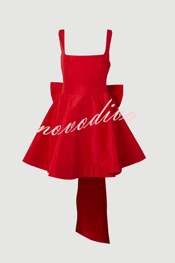 Red Drama Taffeta Square Neck Back Oversized Bow Pocket Mini Dress