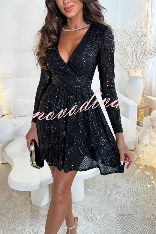 Girls Night Out Sequin Wrap Long Sleeve Mini Dress