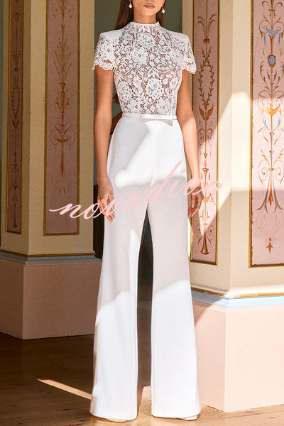 Party Charmer Flower Lace Patchwork Short Sleeve Bow Belted Flare Jumpsuit