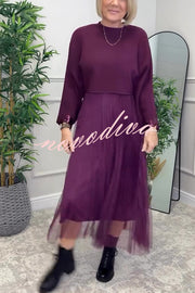 Fenna Ribbed Sequin Trim Batwing Sleeve Sweater and Pleated Tulle Stretch Tank Midi Dress Two-piece Set